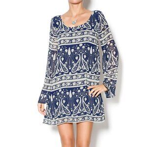 Bell Sleeved Navy & Cream Paisley Shift Dress